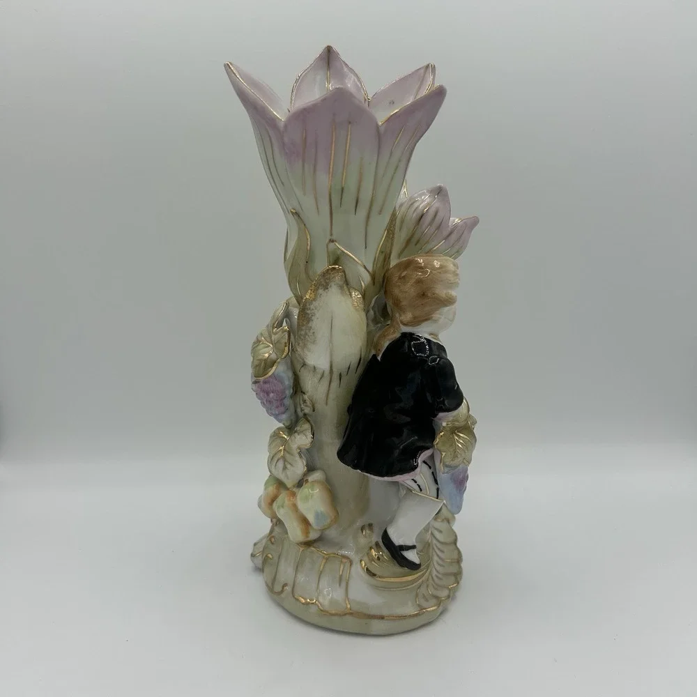 2 Pc Lenwile Ardalt Colonial French Boy & Girl Fruit Flower Double Vase Figurine